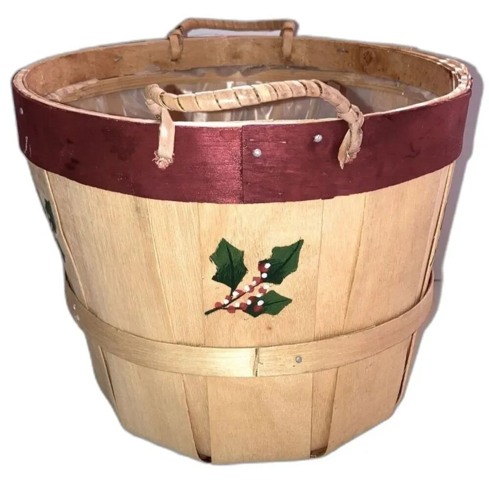 BUSHEL BASKET Small Apple Basket with Handles Holiday Holly